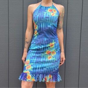 Vintage Nikki Lee Floral Blue Halter Dress Sz S